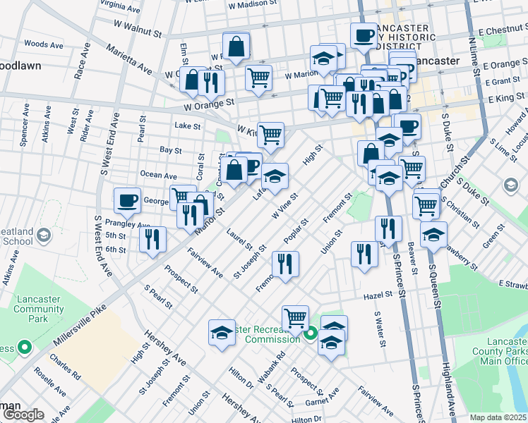map of restaurants, bars, coffee shops, grocery stores, and more near 618 High Street in Lancaster