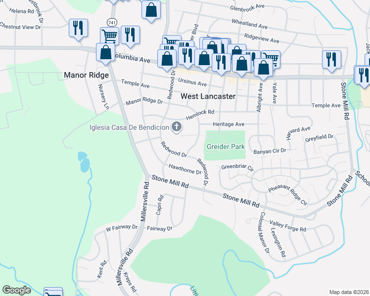 map of restaurants, bars, coffee shops, grocery stores, and more near 1704 Manor Ridge Drive in Lancaster