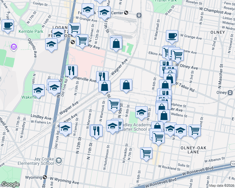 map of restaurants, bars, coffee shops, grocery stores, and more near 927R West Fisher Avenue in Philadelphia