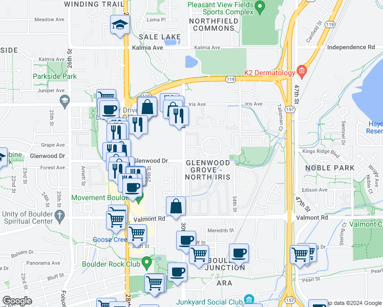 map of restaurants, bars, coffee shops, grocery stores, and more near 3030 Oneal Parkway in Boulder