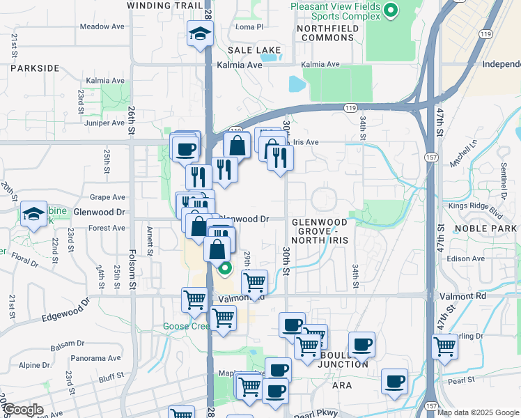 map of restaurants, bars, coffee shops, grocery stores, and more near 2955 Glenwood Drive in Boulder