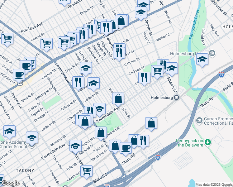 map of restaurants, bars, coffee shops, grocery stores, and more near 4553 Shelmire Avenue in Philadelphia