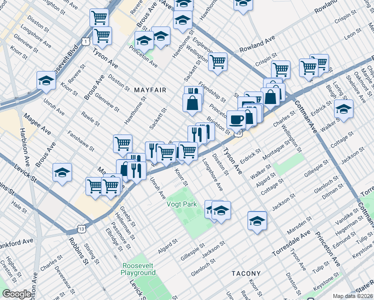 map of restaurants, bars, coffee shops, grocery stores, and more near 3351 Longshore Avenue in Philadelphia