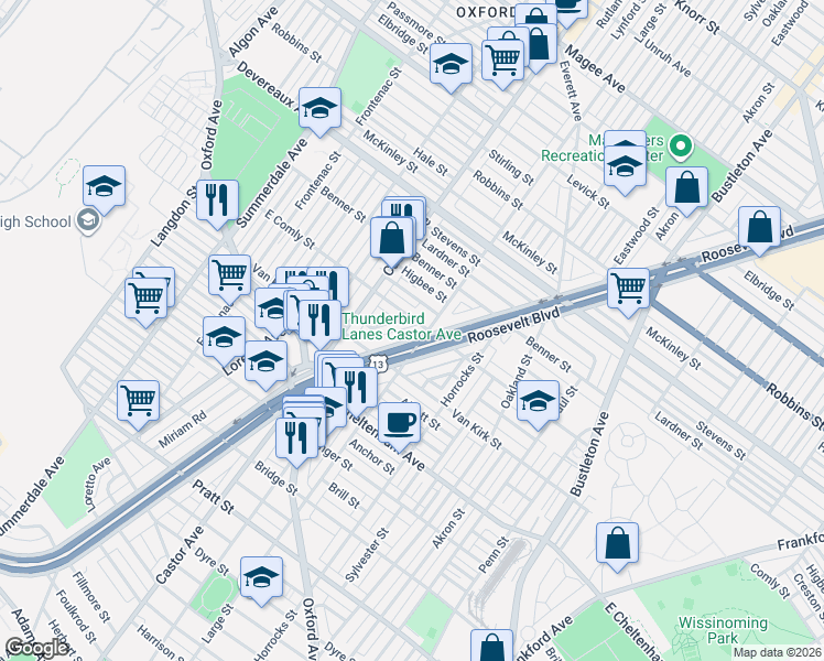 map of restaurants, bars, coffee shops, grocery stores, and more near 1438 East Comly Street in Philadelphia
