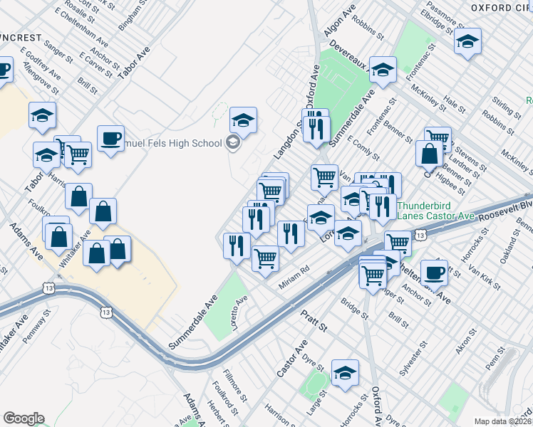 map of restaurants, bars, coffee shops, grocery stores, and more near 877 Brill Street in Philadelphia