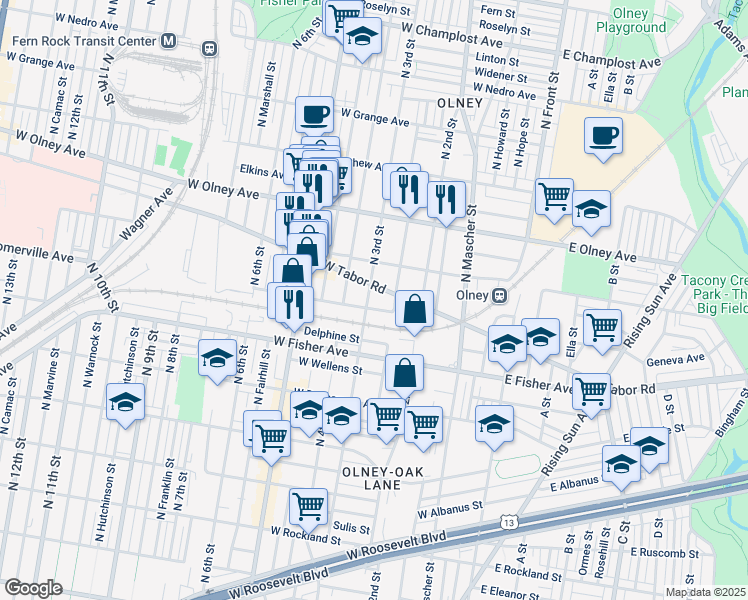 map of restaurants, bars, coffee shops, grocery stores, and more near 238 West Tabor Road in Philadelphia