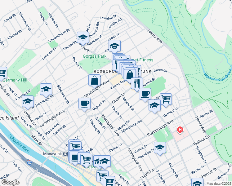 map of restaurants, bars, coffee shops, grocery stores, and more near 425 Krams Avenue in Philadelphia