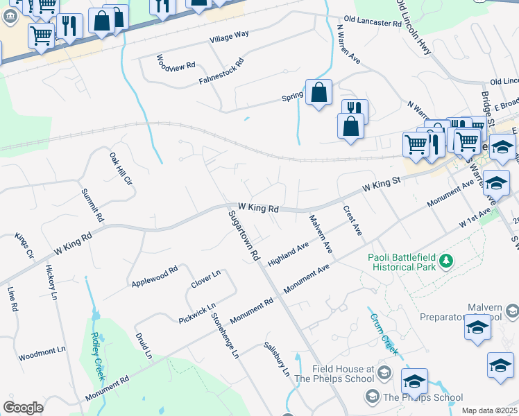 map of restaurants, bars, coffee shops, grocery stores, and more near 1802 Raintree Lane in Malvern
