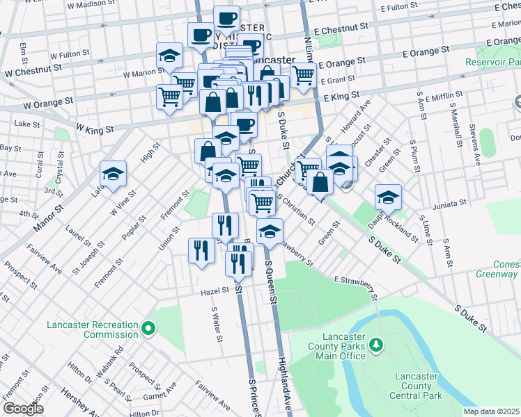 map of restaurants, bars, coffee shops, grocery stores, and more near 244 Pennsylvania 72 in Lancaster