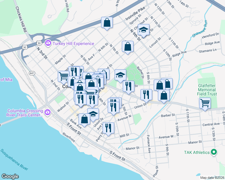 map of restaurants, bars, coffee shops, grocery stores, and more near 28 Lancaster Avenue in Columbia