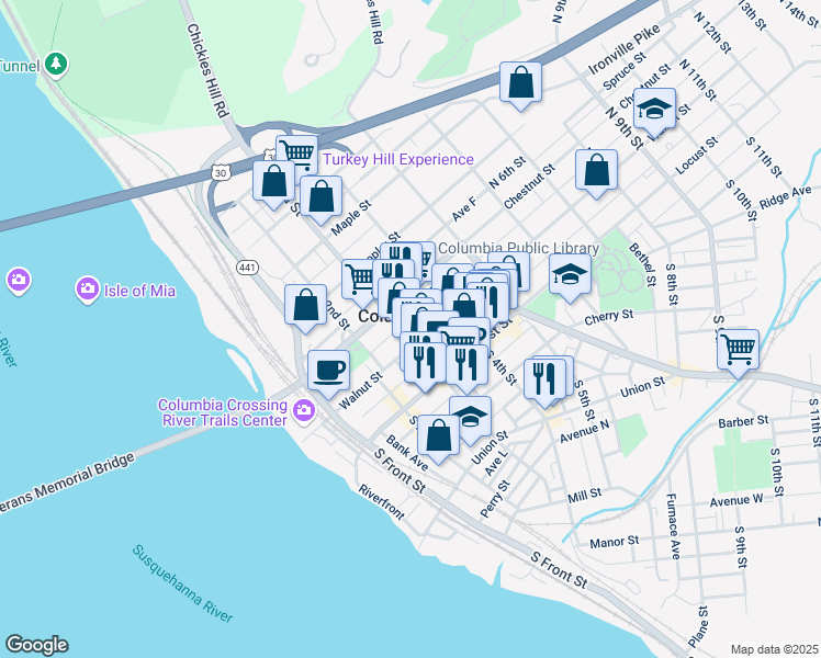 map of restaurants, bars, coffee shops, grocery stores, and more near in Columbia