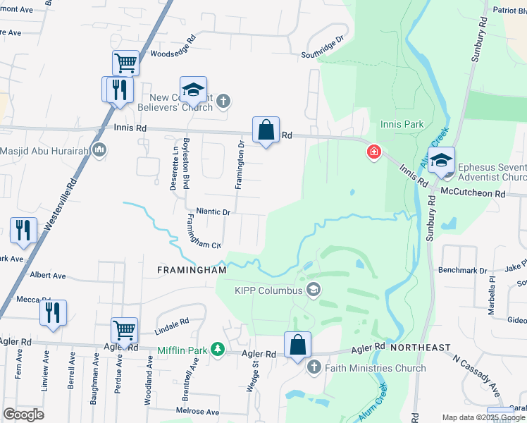 map of restaurants, bars, coffee shops, grocery stores, and more near 2620 Niantic Drive in Columbus