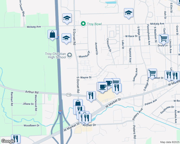 map of restaurants, bars, coffee shops, grocery stores, and more near 1550 Hawk Circle in Troy