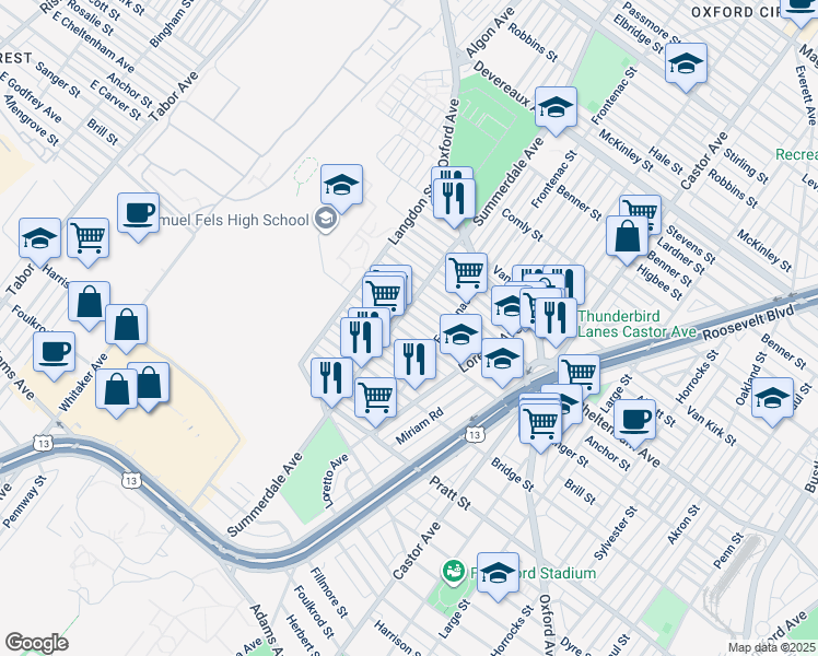 map of restaurants, bars, coffee shops, grocery stores, and more near 913 East Sanger Street in Philadelphia