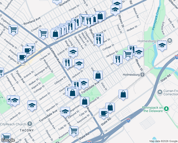 map of restaurants, bars, coffee shops, grocery stores, and more near 4524 Vista Street in Philadelphia