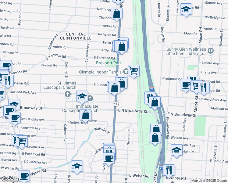 map of restaurants, bars, coffee shops, grocery stores, and more near 3395 Indianola Avenue in Columbus