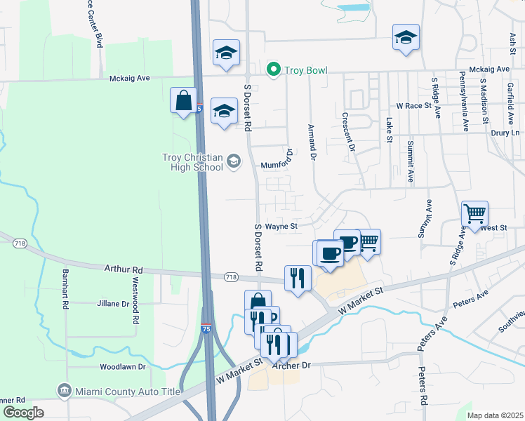 map of restaurants, bars, coffee shops, grocery stores, and more near 1590 Hawk Circle in Troy