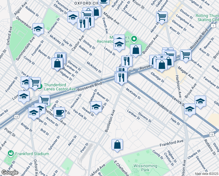 map of restaurants, bars, coffee shops, grocery stores, and more near 1924 Devereaux Avenue in Philadelphia