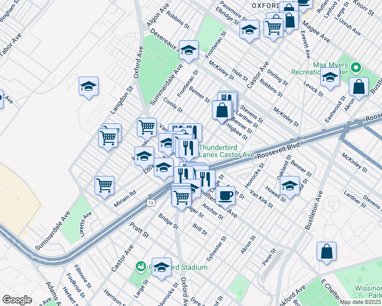 map of restaurants, bars, coffee shops, grocery stores, and more near 1334 Van Kirk Street in Philadelphia