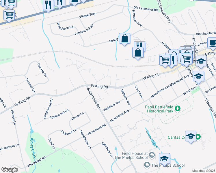 map of restaurants, bars, coffee shops, grocery stores, and more near 611 West King Road in Malvern