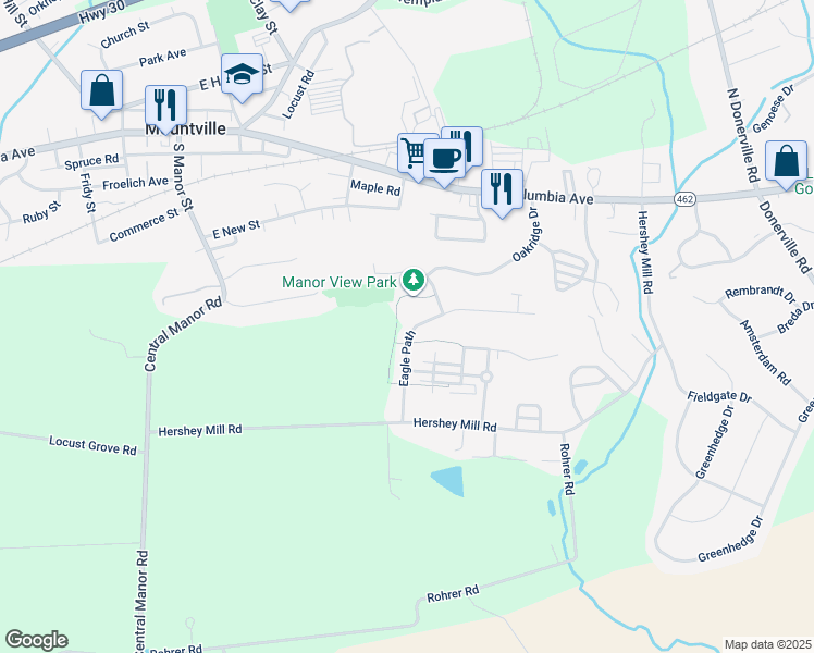 map of restaurants, bars, coffee shops, grocery stores, and more near 132 Eagle Path in Mountville