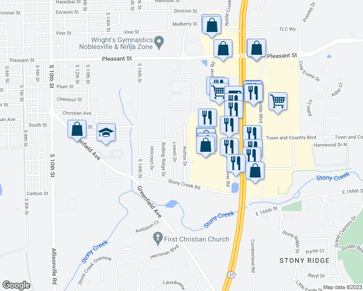map of restaurants, bars, coffee shops, grocery stores, and more near 16783 Aulton Drive in Noblesville