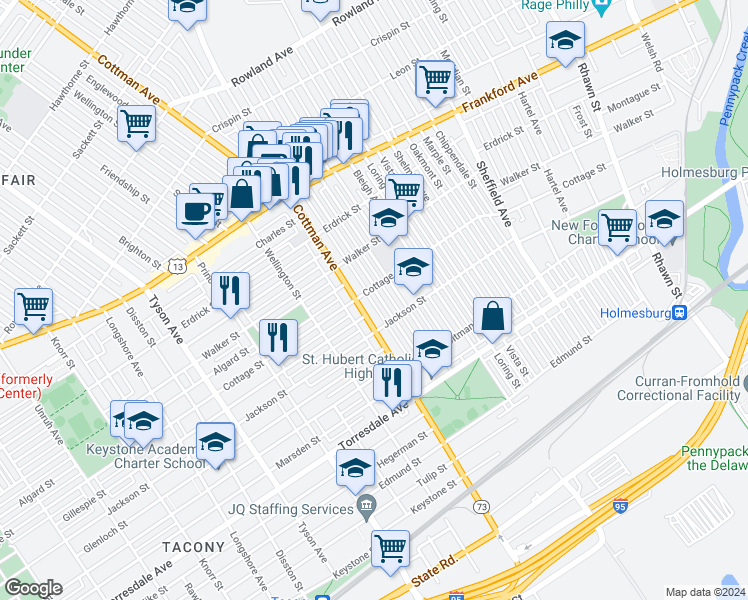 map of restaurants, bars, coffee shops, grocery stores, and more near 4408 Teesdale Street in Philadelphia