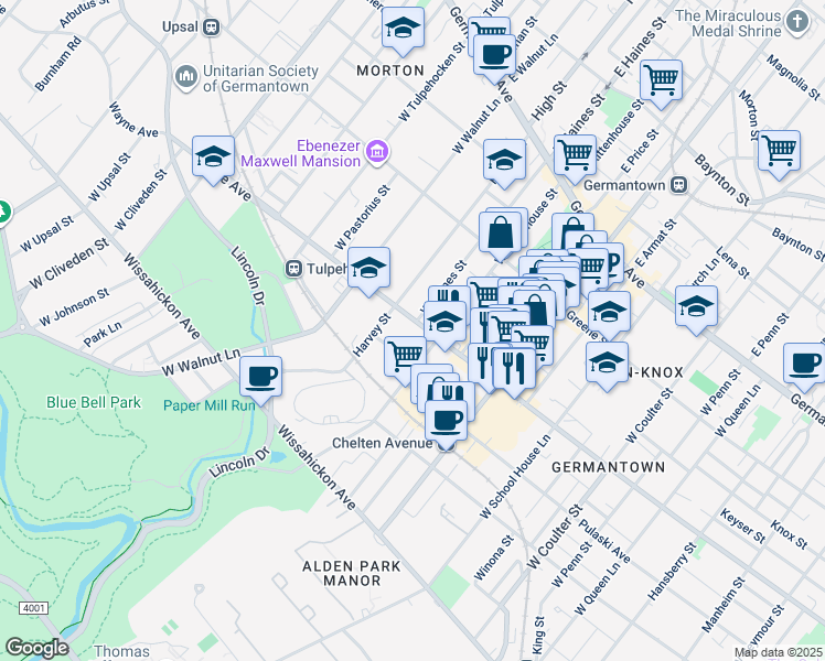 map of restaurants, bars, coffee shops, grocery stores, and more near 5910 Wayne Avenue in Philadelphia