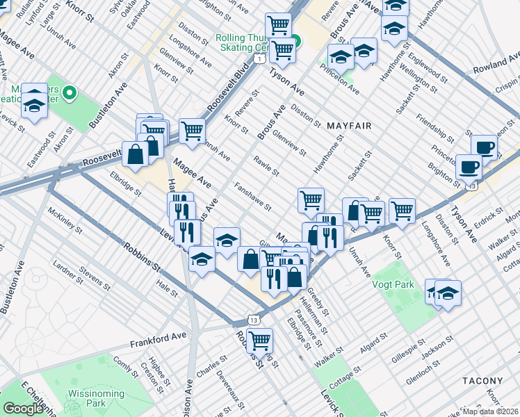 map of restaurants, bars, coffee shops, grocery stores, and more near 3008 Fanshawe Street in Philadelphia