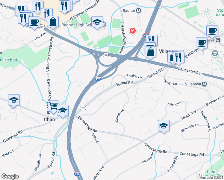 map of restaurants, bars, coffee shops, grocery stores, and more near 153 Sproul Road in Villanova