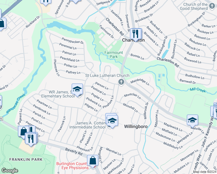 map of restaurants, bars, coffee shops, grocery stores, and more near 39 Parson Lane in Willingboro