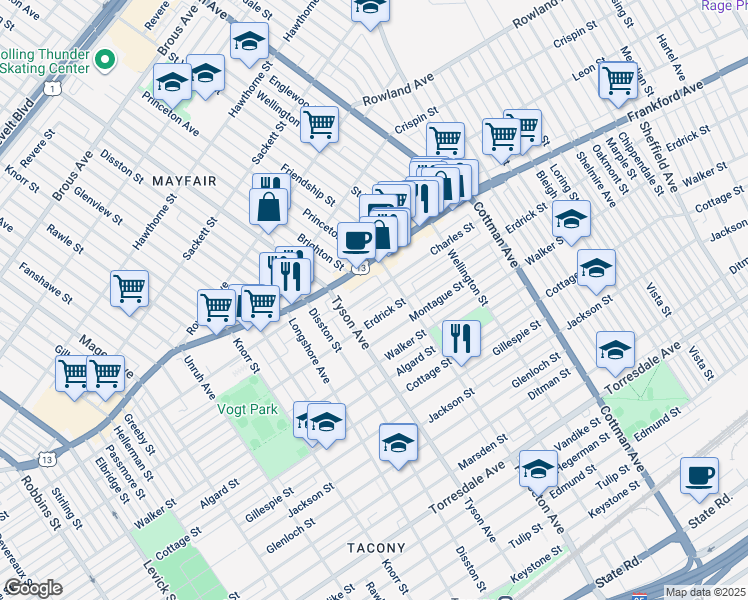 map of restaurants, bars, coffee shops, grocery stores, and more near 7037 Charles Street in Philadelphia