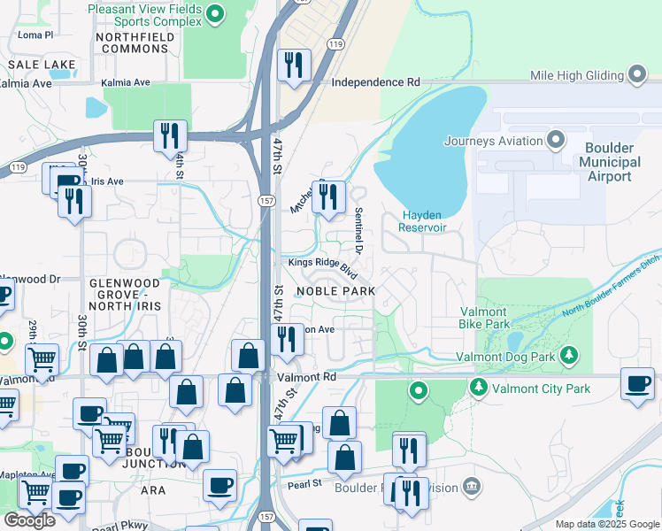 map of restaurants, bars, coffee shops, grocery stores, and more near 4810 Kings Ridge Boulevard in Boulder