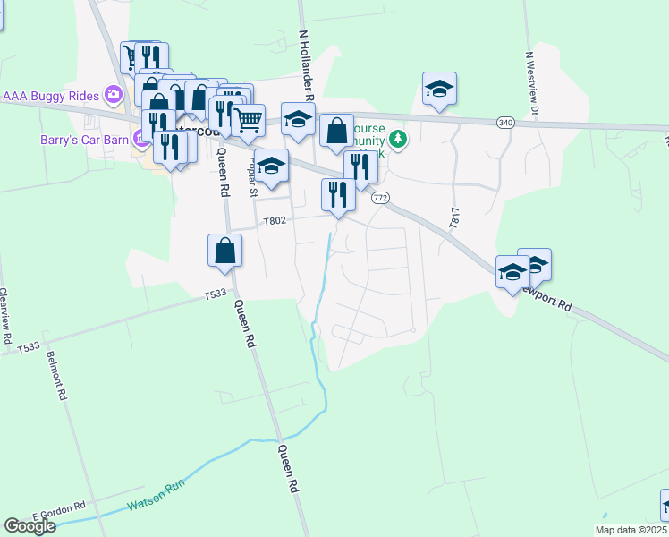 map of restaurants, bars, coffee shops, grocery stores, and more near 16 Wildflower Court in Gordonville