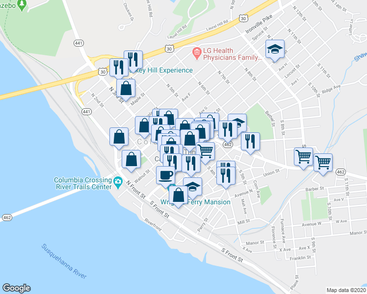 map of restaurants, bars, coffee shops, grocery stores, and more near 340 Walnut Street in Columbia
