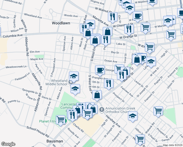 map of restaurants, bars, coffee shops, grocery stores, and more near 401 South West End Avenue in Lancaster