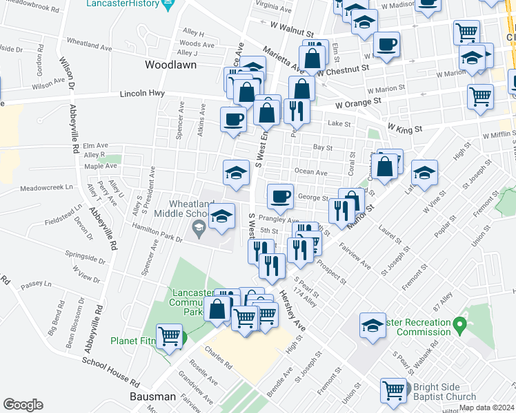 map of restaurants, bars, coffee shops, grocery stores, and more near 401 South West End Avenue in Lancaster