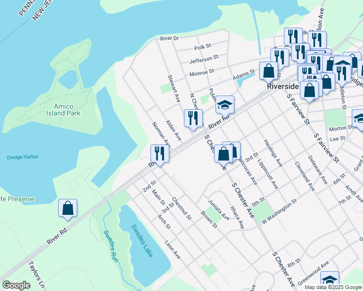 map of restaurants, bars, coffee shops, grocery stores, and more near 40 River Road in Delran