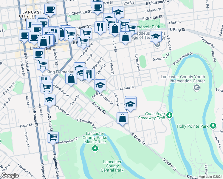 map of restaurants, bars, coffee shops, grocery stores, and more near 150 Juniata Street in Lancaster