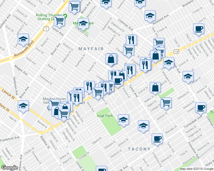 map of restaurants, bars, coffee shops, grocery stores, and more near 3346 Longshore Avenue in Philadelphia