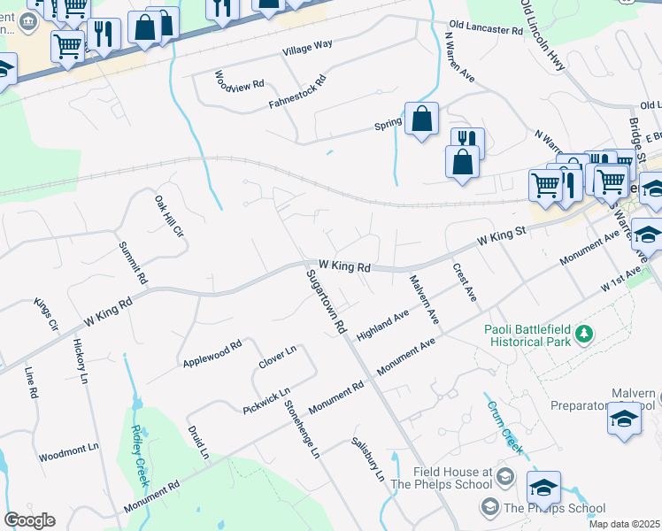 map of restaurants, bars, coffee shops, grocery stores, and more near 1208 Raintree Lane in Malvern