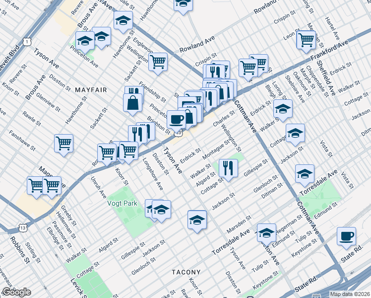 map of restaurants, bars, coffee shops, grocery stores, and more near 7037 Charles Street in Philadelphia