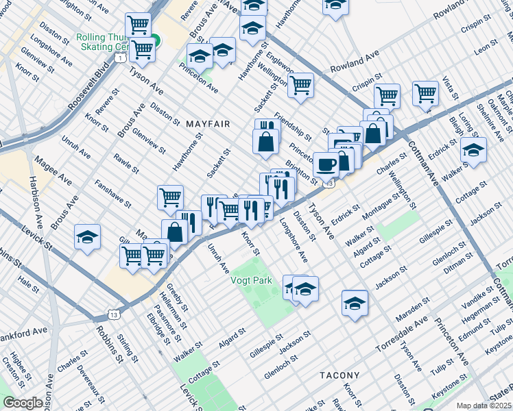 map of restaurants, bars, coffee shops, grocery stores, and more near 3346 Longshore Avenue in Philadelphia
