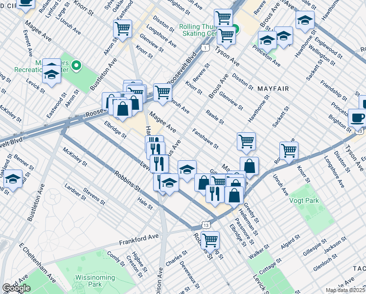 map of restaurants, bars, coffee shops, grocery stores, and more near 2915 Gilham Street in Philadelphia