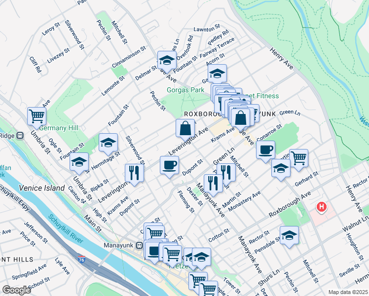 map of restaurants, bars, coffee shops, grocery stores, and more near 395 Leverington Avenue in Philadelphia