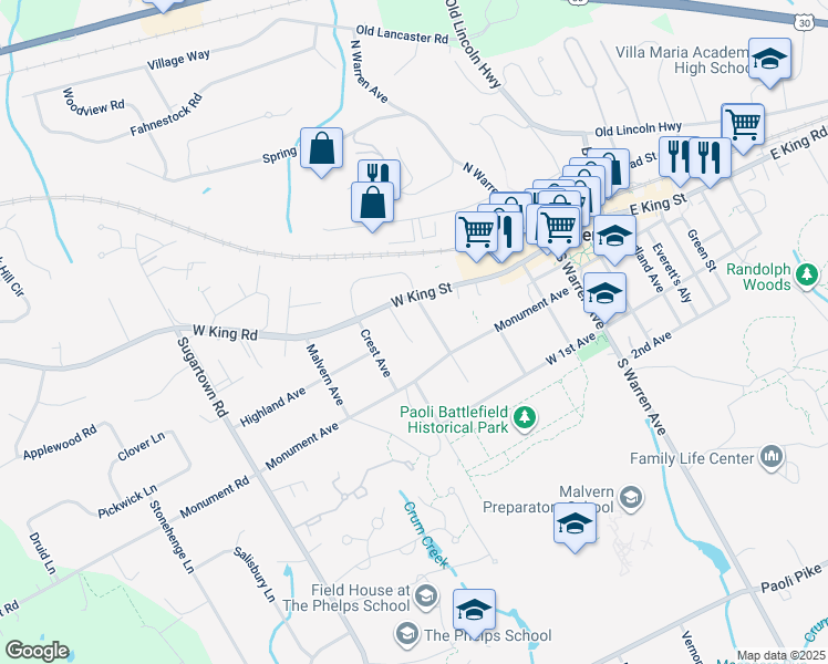 map of restaurants, bars, coffee shops, grocery stores, and more near 7 Nolan Drive in Malvern