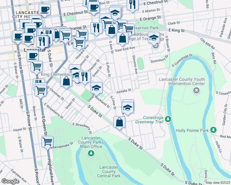 map of restaurants, bars, coffee shops, grocery stores, and more near 116 Juniata Street in Lancaster