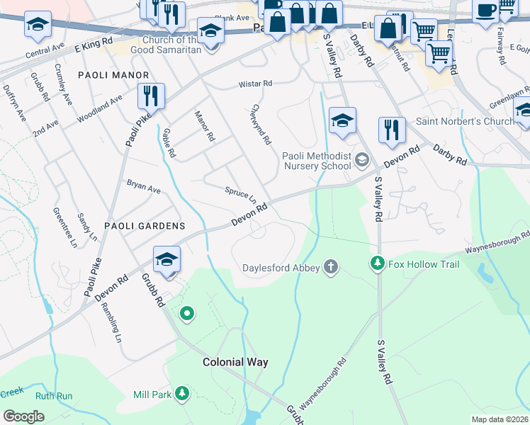 map of restaurants, bars, coffee shops, grocery stores, and more near 54 Devon Road in Malvern
