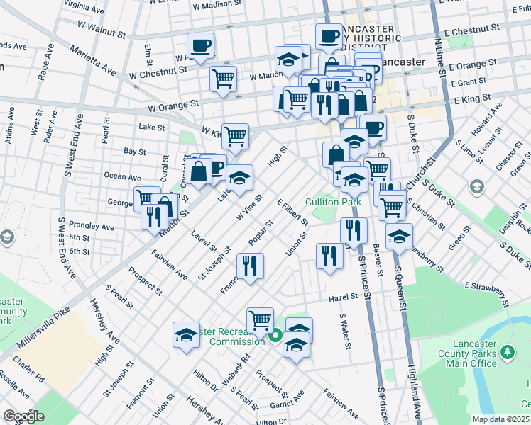 map of restaurants, bars, coffee shops, grocery stores, and more near 536 Saint Joseph Street in Lancaster