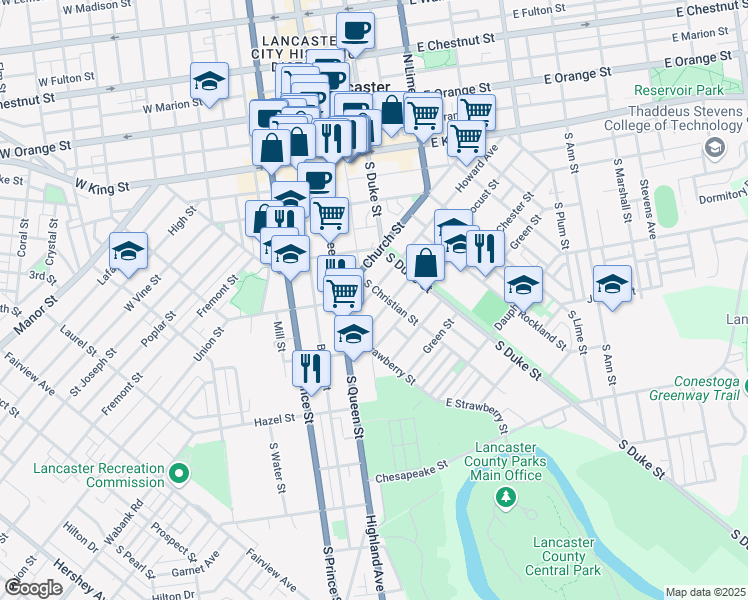 map of restaurants, bars, coffee shops, grocery stores, and more near 509 Howard Ave in Lancaster